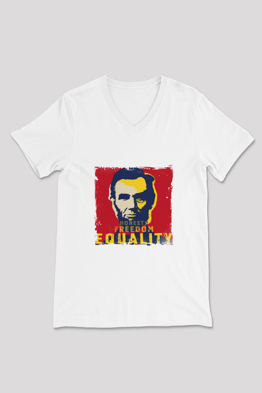 Abraham Lincoln Baskılı V Yaka Unisex Beyaz Tişört