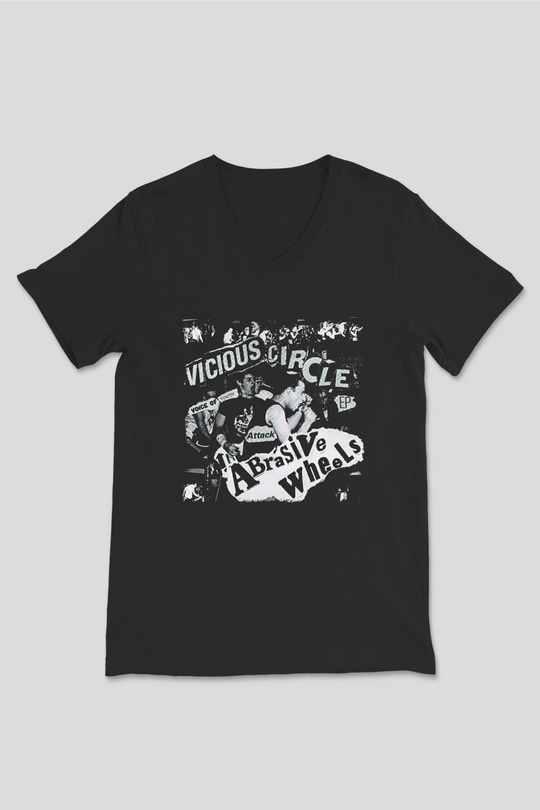 Abrasive Wheels Baskılı Unisex Siyah V Yaka Tişört - Tshirt