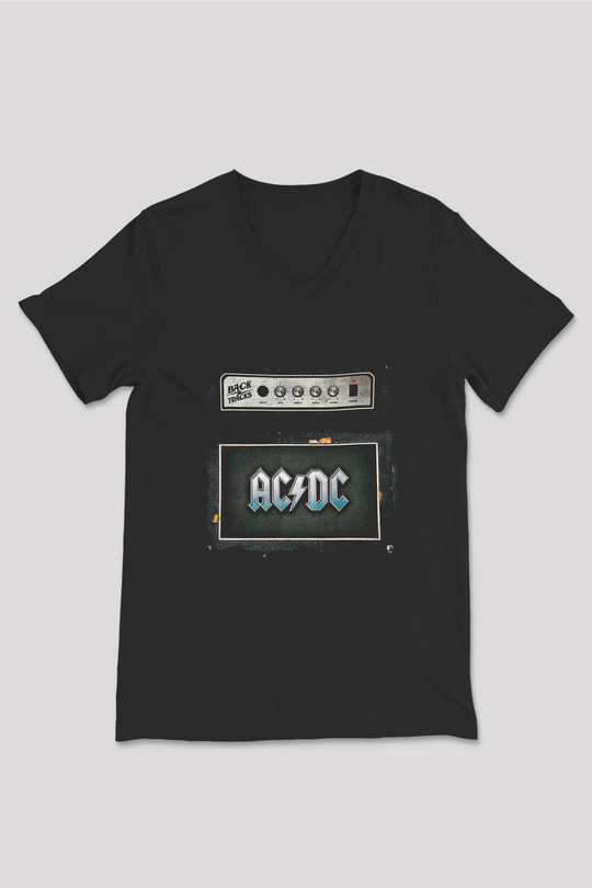 ACDC Baskılı Unisex Siyah V Yaka Tişört
