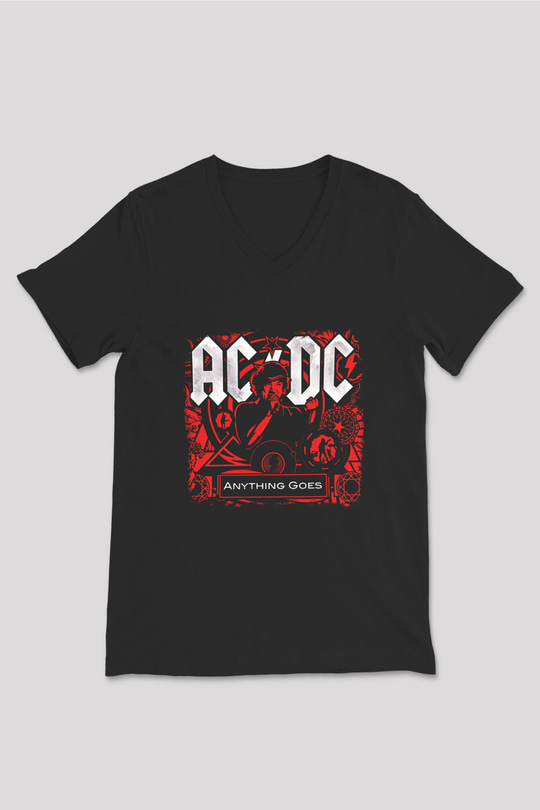ACDC Baskılı Unisex Siyah V Yaka Tişört