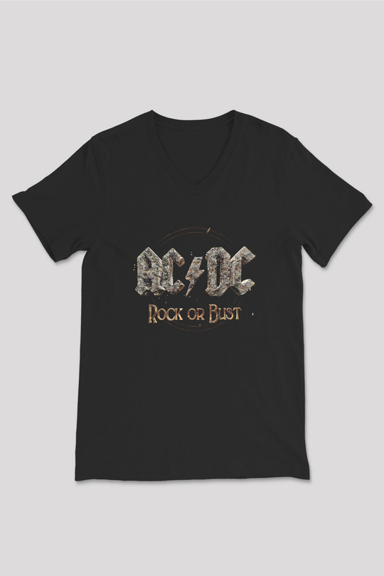 ACDC Baskılı Unisex Siyah V Yaka Tişört