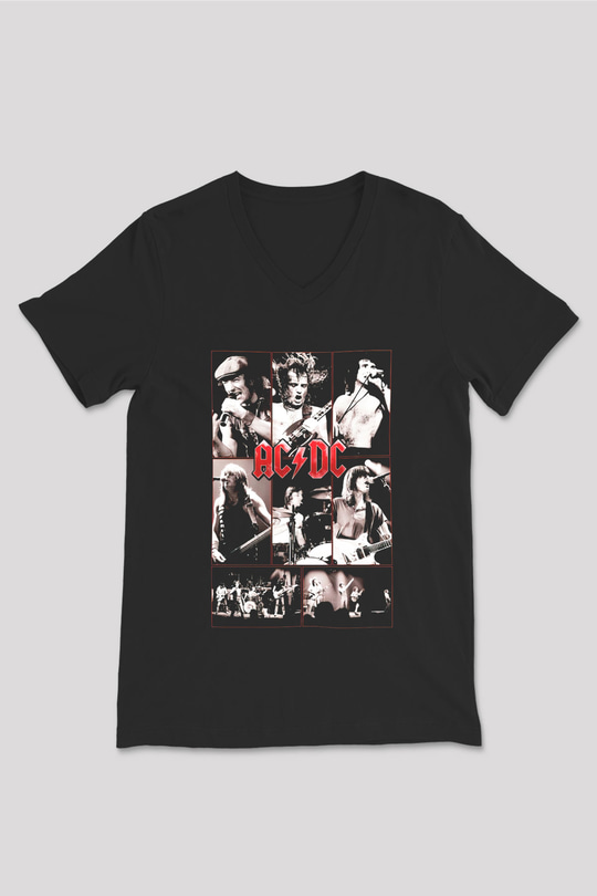 AC DC Brian Johnson Angus Young Siyah Unisex V Yaka Tişört T-Shirt