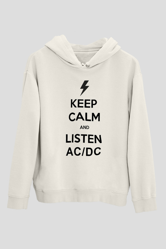 AC DC Keep Calm And Listen Beyaz Unisex Kapşonlu Sweatshirt