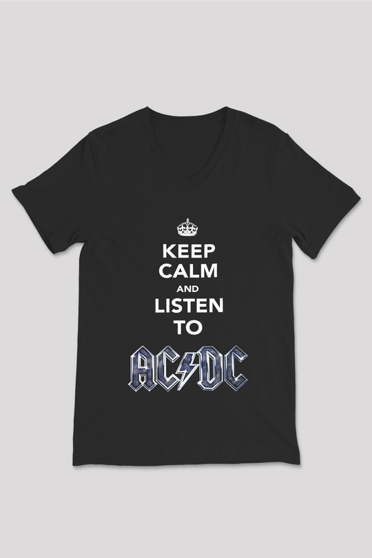 AC DC Keep Calm And Listen To Ac Dc Siyah Unisex V Yaka Tişört T-Shirt