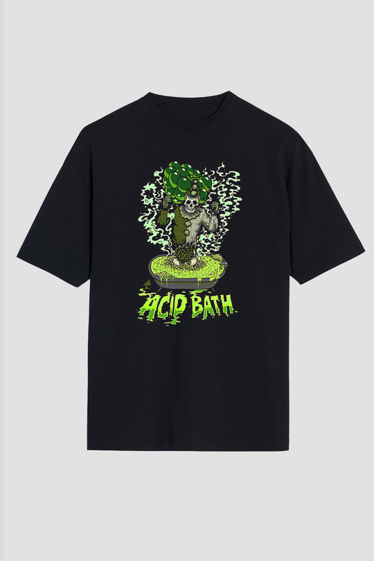 Acid Bath Baskılı Unisex Siyah Oversize Tişört - Tshirt