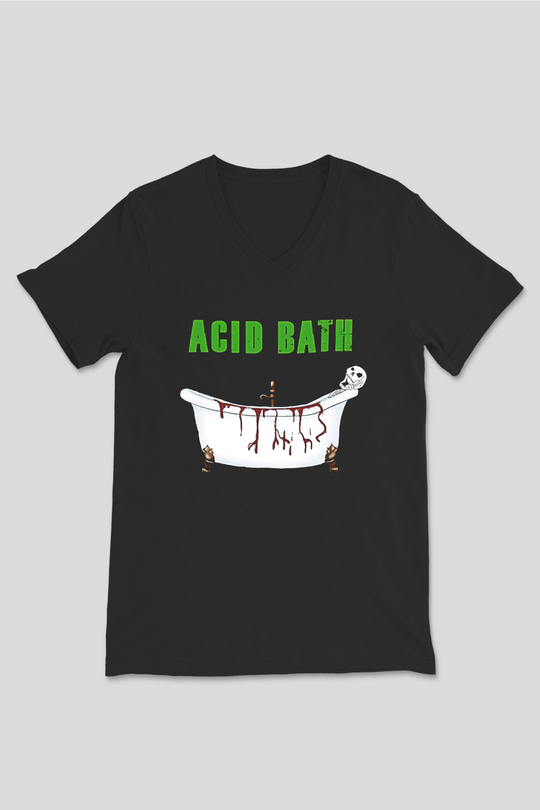 Acid Bath Baskılı Unisex Siyah V Yaka Tişört - Tshirt