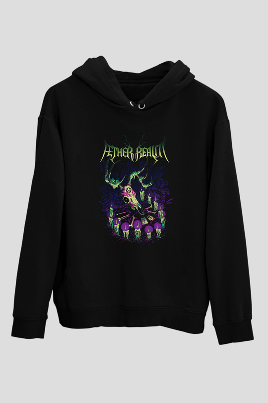 Aether Realm Baskılı Unisex Siyah Kapüşonlu Sweatshirt