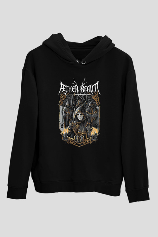 Aether Realm Baskılı Unisex Siyah Kapüşonlu Sweatshirt