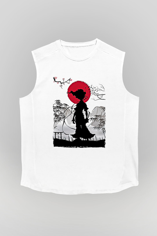 Afro Samurai Baskılı Beyaz Unisex Kolsuz Tişört - Tshirt