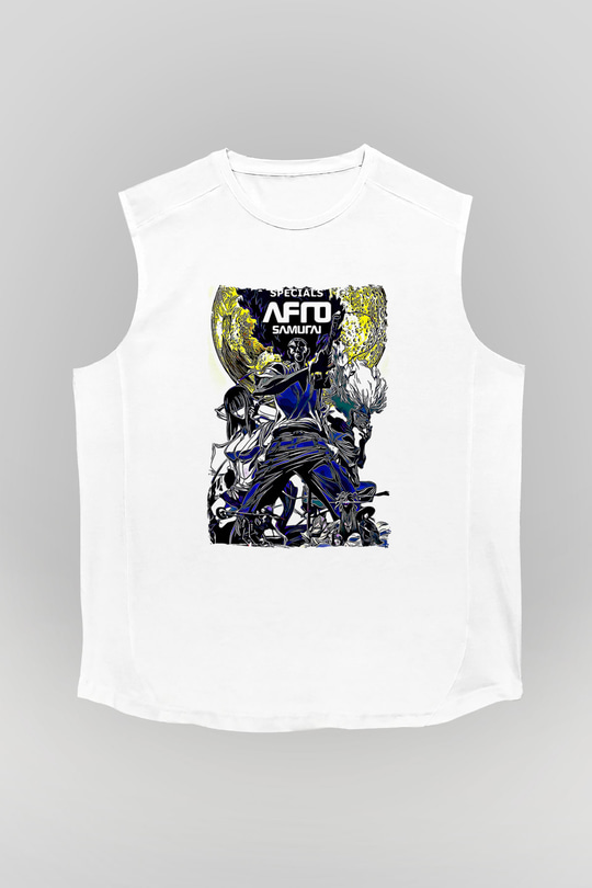 Afro Samurai Baskılı Beyaz Unisex Kolsuz Tişört - Tshirt