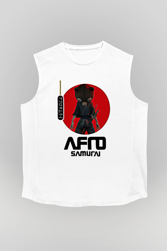 Afro Samurai Baskılı Beyaz Unisex Kolsuz Tişört - Tshirt