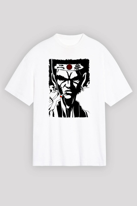 Afro Samurai Baskılı Beyaz Unisex Oversize Tişört - Tshirt