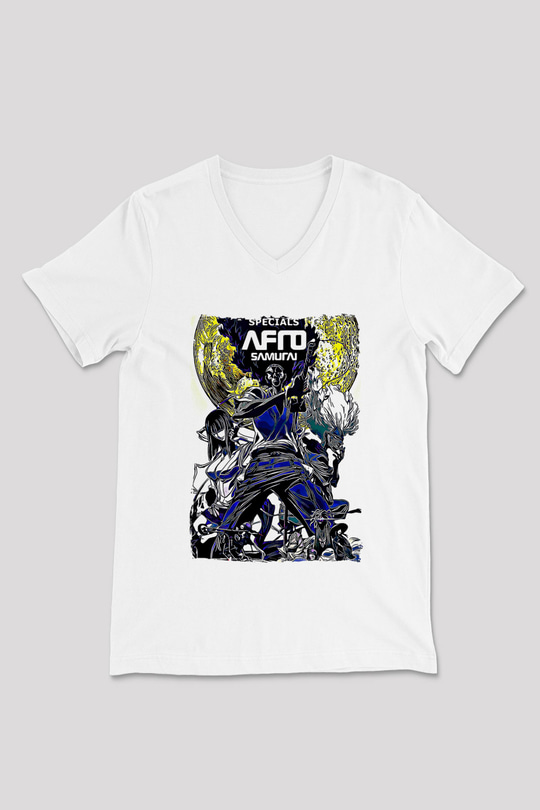 Afro Samurai Baskılı Beyaz Unisex V Yaka Tişört - Tshirt