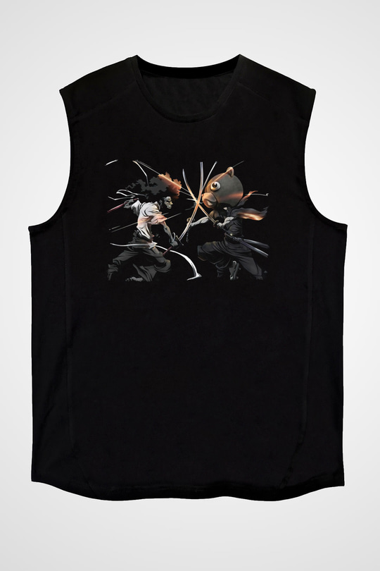 Afro Samurai Baskılı Unisex Siyah Kolsuz Tişört - Tshirt
