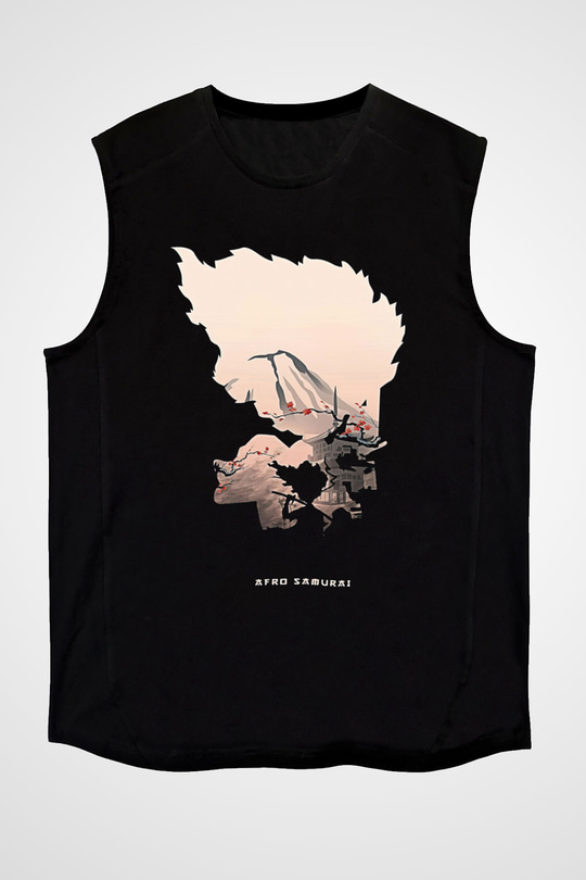 Afro Samurai Baskılı Unisex Siyah Kolsuz Tişört - Tshirt