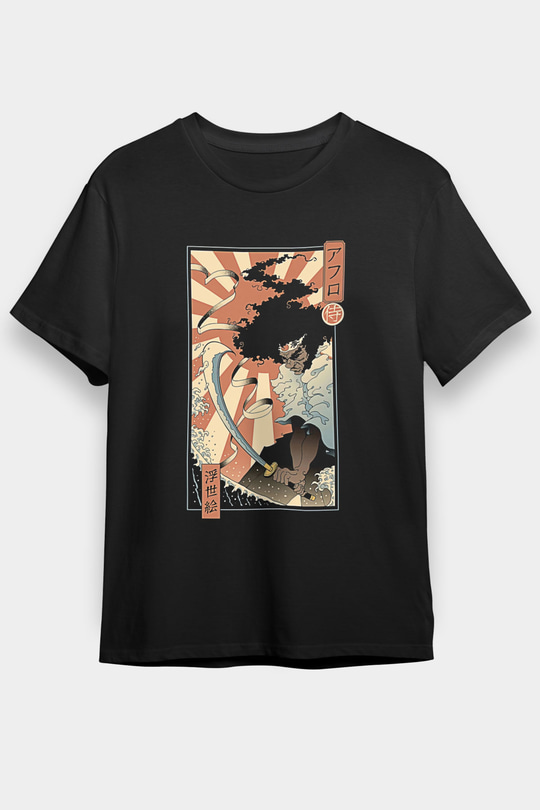 Afro Samurai Baskılı Unisex Siyah Tişört - Tshirt