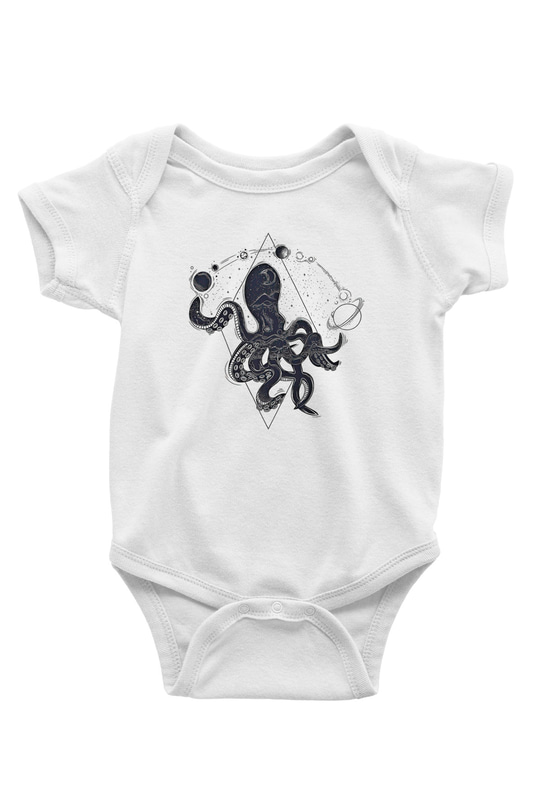 Ahtapot Baskılı Beyaz Unisex Bebek Body - Zıbın