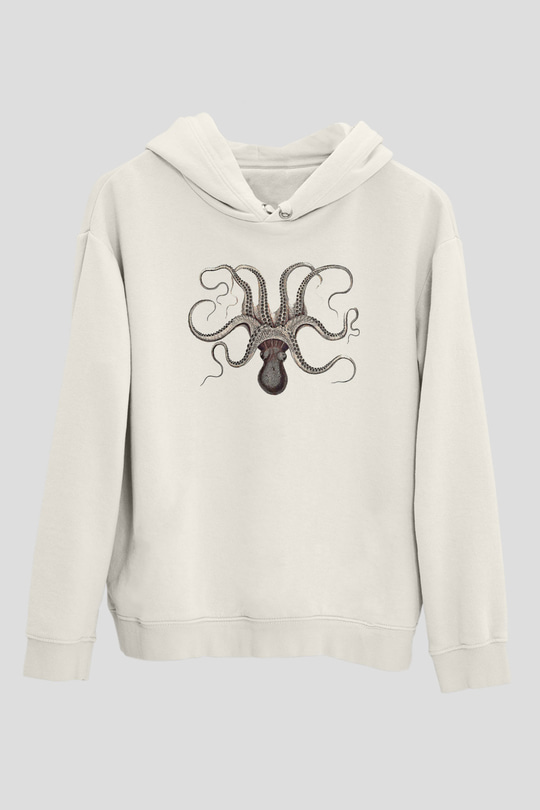 Ahtapot Baskılı Beyaz Unisex Hoodie