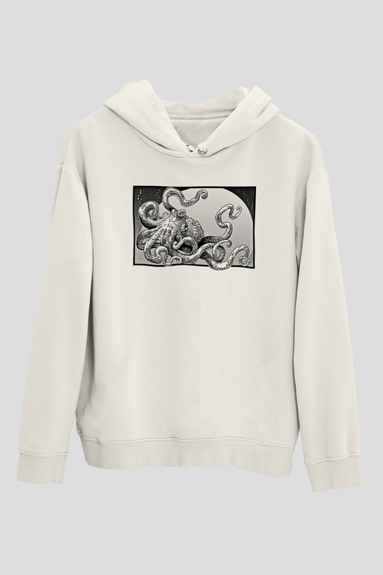 Ahtapot Baskılı Beyaz Unisex Hoodie