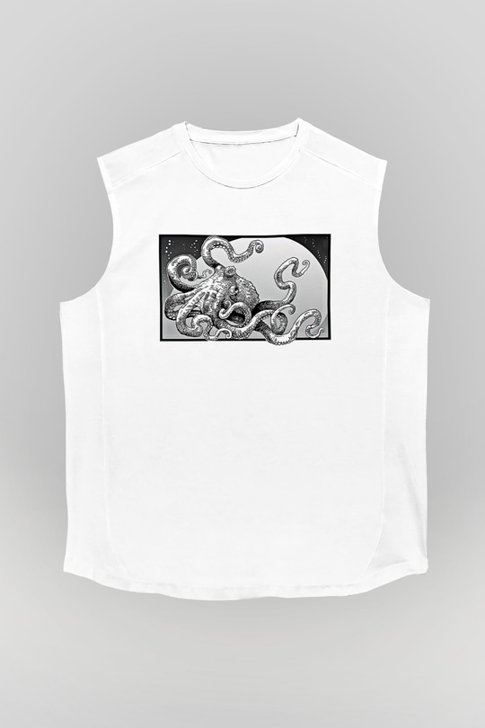 Ahtapot Baskılı Beyaz Unisex Kolsuz Tişört - Tshirt