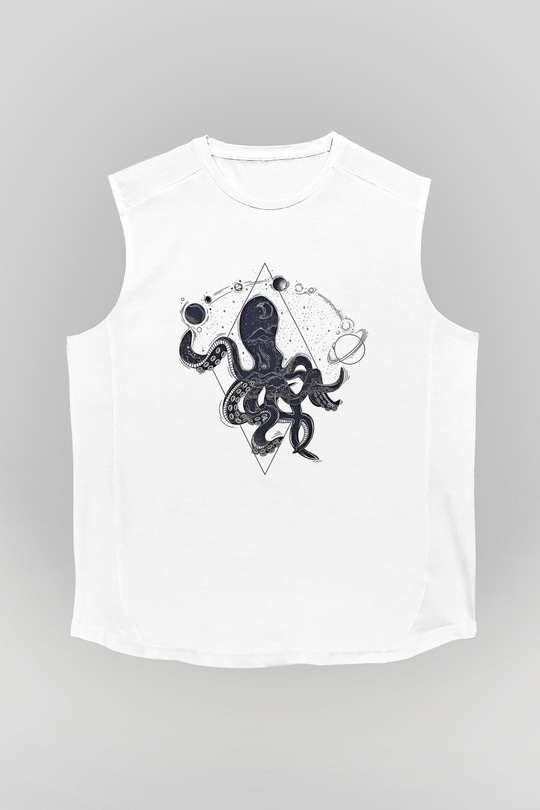 Ahtapot Baskılı Beyaz Unisex Kolsuz Tişört - Tshirt