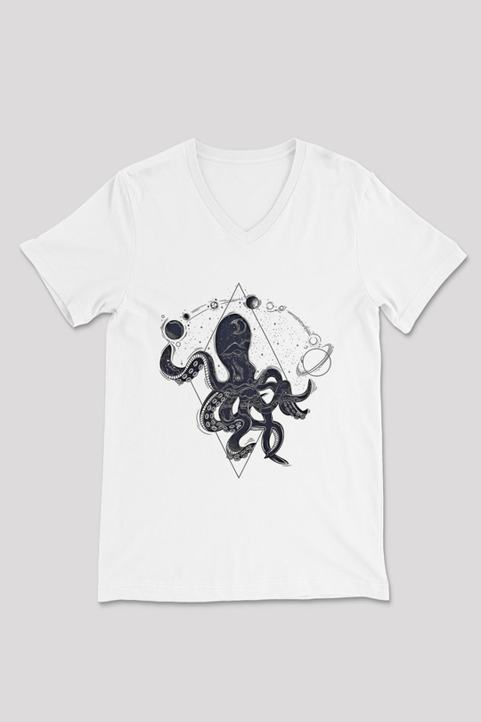 Ahtapot Baskılı Beyaz Unisex V Yaka Tişört - Tshirt