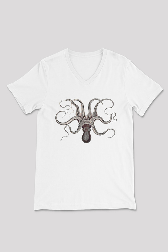Ahtapot Baskılı Beyaz Unisex V Yaka Tişört - Tshirt