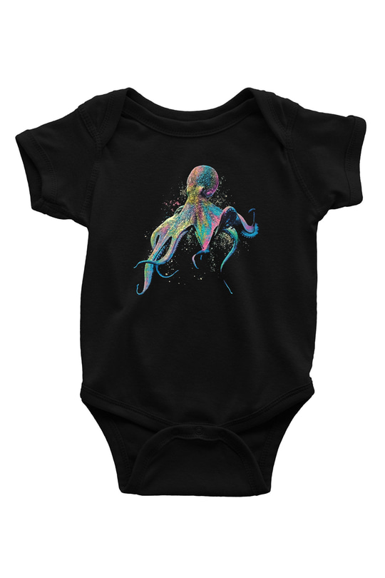 Ahtapot Baskılı Unisex Siyah Bebek Body - Zıbın