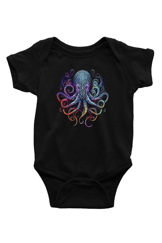 Ahtapot Baskılı Unisex Siyah Bebek Body - Zıbın