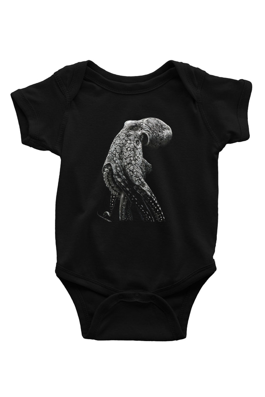 Ahtapot Baskılı Unisex Siyah Bebek Body - Zıbın