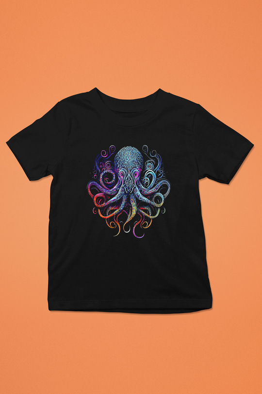 Ahtapot Baskılı Unisex Siyah Çocuk Tişört - Tshirt