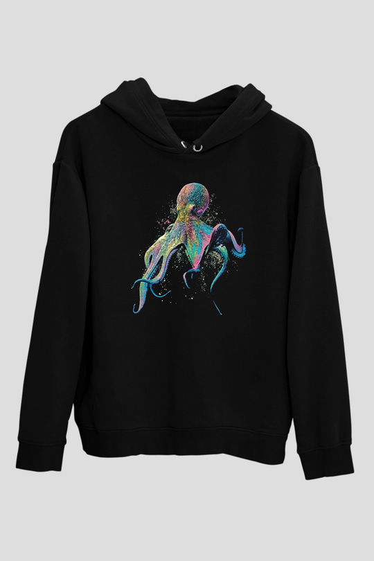Ahtapot Baskılı Unisex Siyah Hoodie