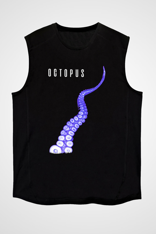 Ahtapot Baskılı Unisex Siyah Kolsuz Tişört - Tshirt