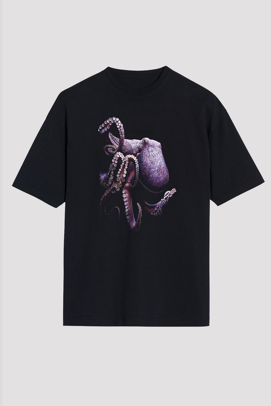 Ahtapot Baskılı Unisex Siyah Oversize Tişört - Tshirt