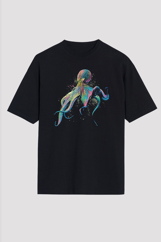 Ahtapot Baskılı Unisex Siyah Oversize Tişört - Tshirt