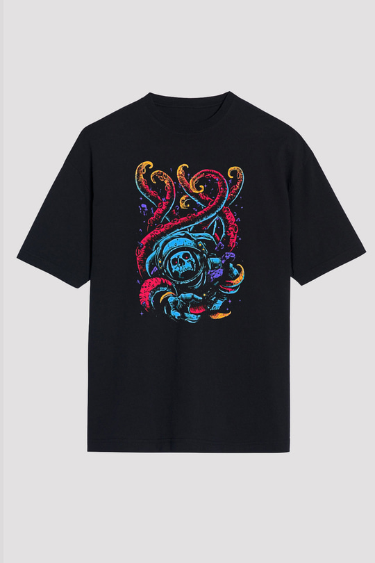 Ahtapot Baskılı Unisex Siyah Oversize Tişört - Tshirt