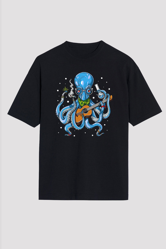 Ahtapot Baskılı Unisex Siyah Oversize Tişört - Tshirt