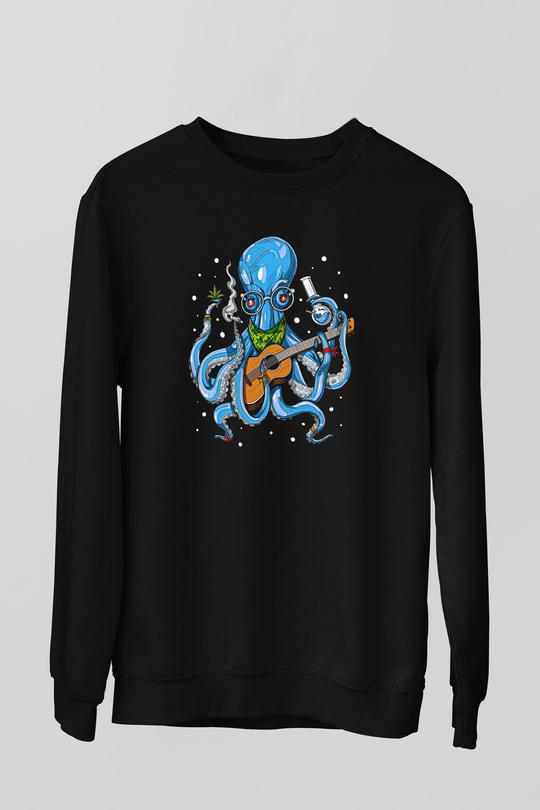 Ahtapot Baskılı Unisex Siyah Sweatshirt