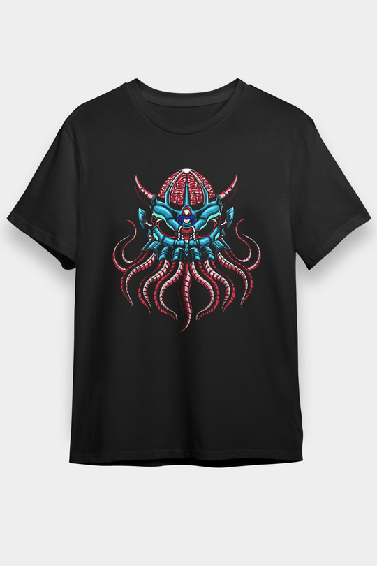 Ahtapot Baskılı Unisex Siyah Tişört - Tshirt