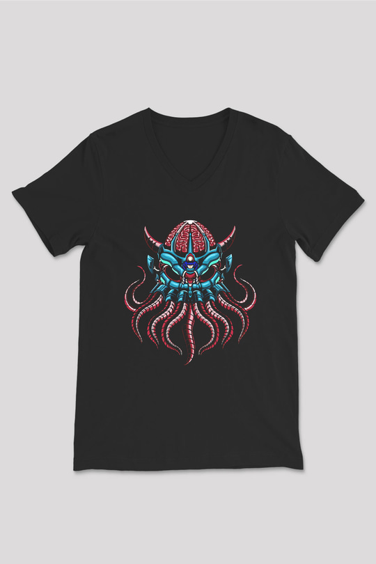 Ahtapot Baskılı Unisex Siyah V Yaka Tişört - Tshirt