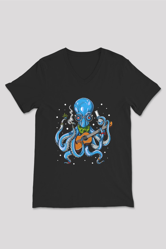 Ahtapot Baskılı Unisex Siyah V Yaka Tişört - Tshirt