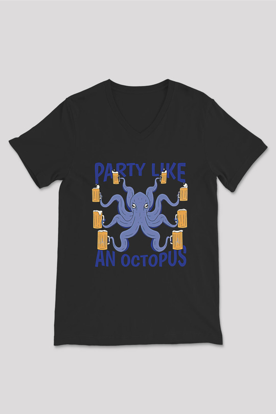 Ahtapot Baskılı Unisex Siyah V Yaka Tişört - Tshirt