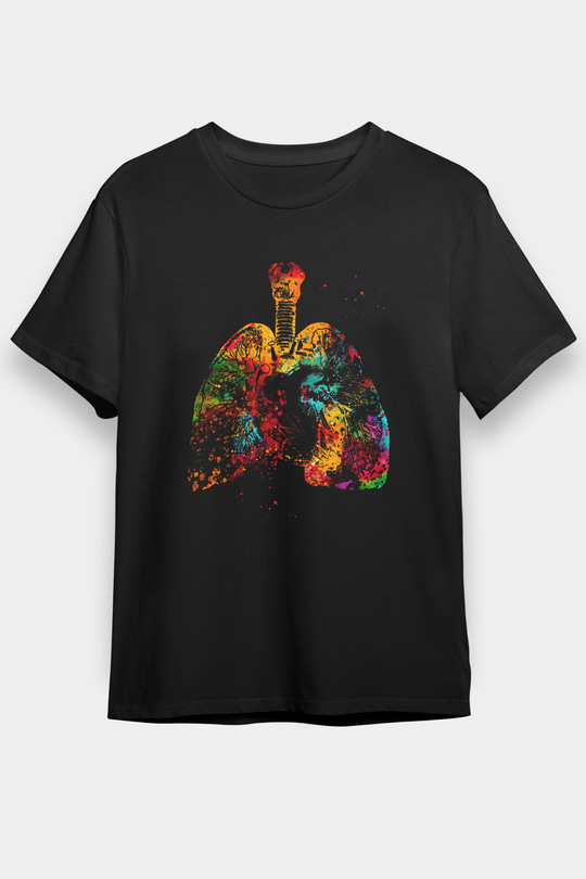 Akciğer Baskılı Unisex Siyah Tişört - Tshirt