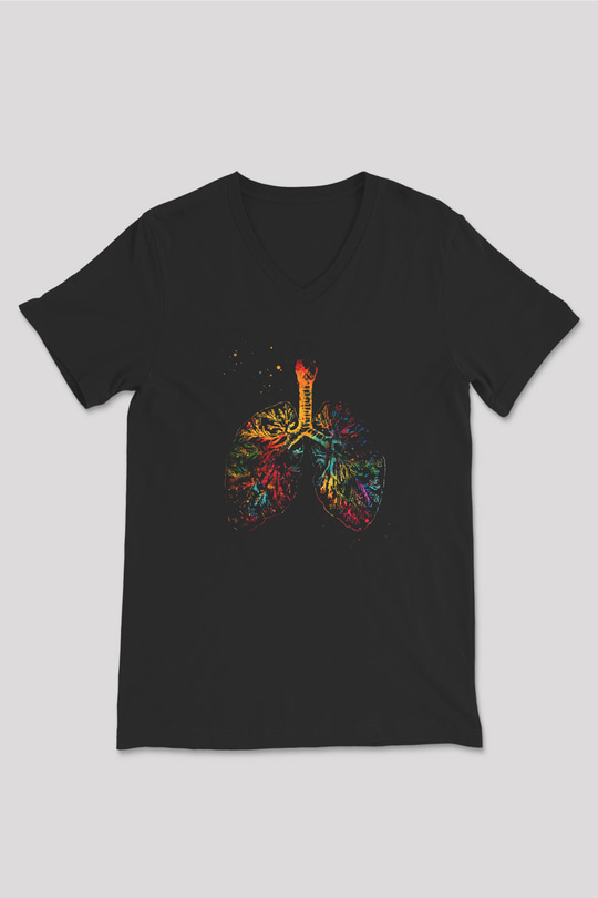 Akciğer Damarlar Renkli Baskılı Unisex V Yaka Siyah Tİşört - Tshirt