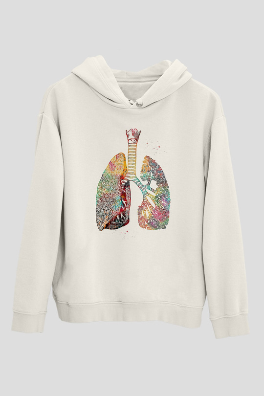 Akciğerler Renkli Baskılı Unisex Ekru Hoodie