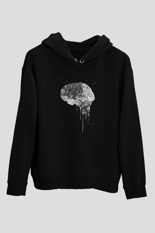 Akışkan İnsan Beyni Baskılı Unisex Siyah Kapüşonlu Sweatshirt