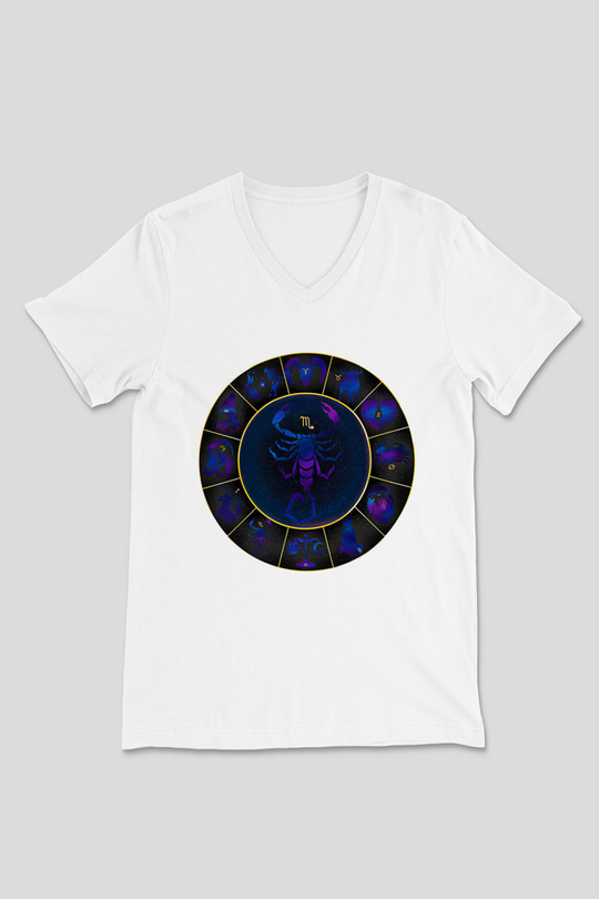 Akrep Burcu Baskılı Beyaz Unisex V Yaka Tişört - Tshirt