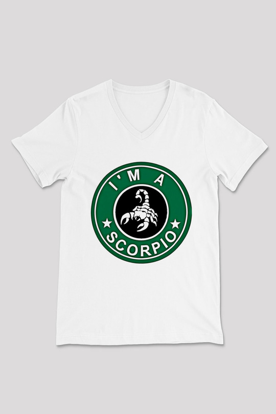 Akrep Burcu Baskılı Beyaz Unisex V Yaka Tişört - Tshirt