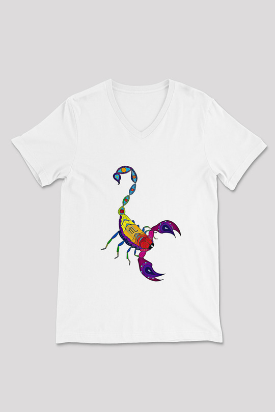 Akrep Burcu Baskılı Beyaz Unisex V Yaka Tişört - Tshirt