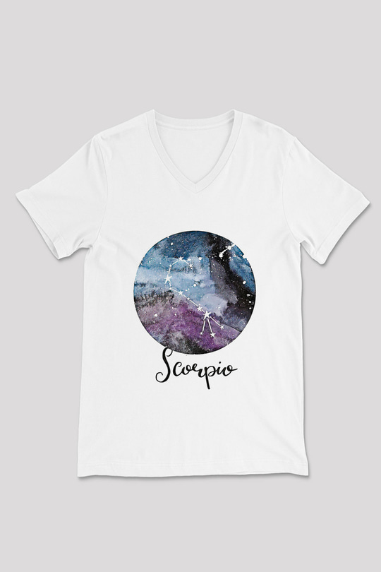 Akrep Burcu Baskılı Beyaz Unisex V Yaka Tişört - Tshirt
